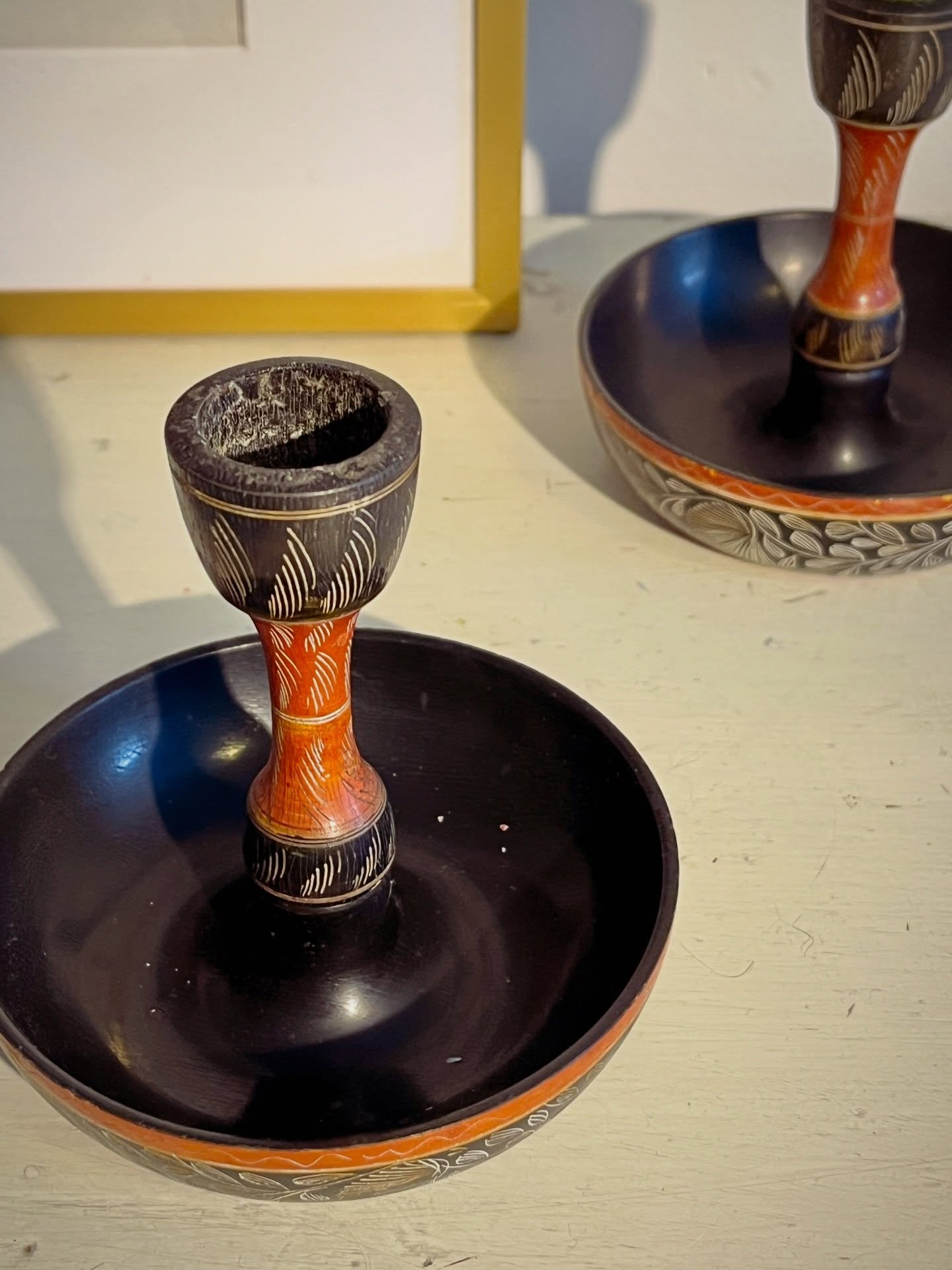 20th century pair of Burmese carved lacquered candlesticks.  image 4