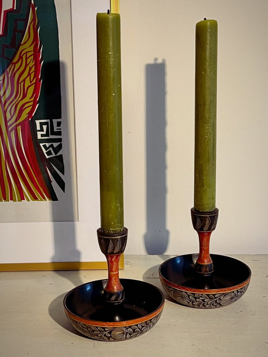 20th century pair of Burmese carved lacquered candlesticks.  image 0