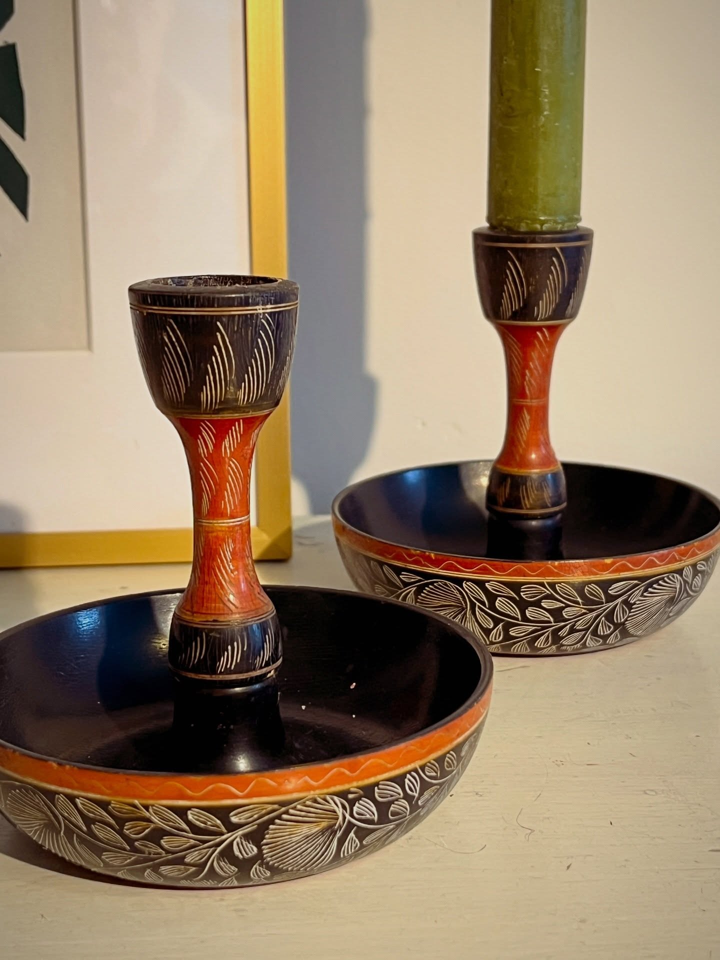20th century pair of Burmese carved lacquered candlesticks.  image 2