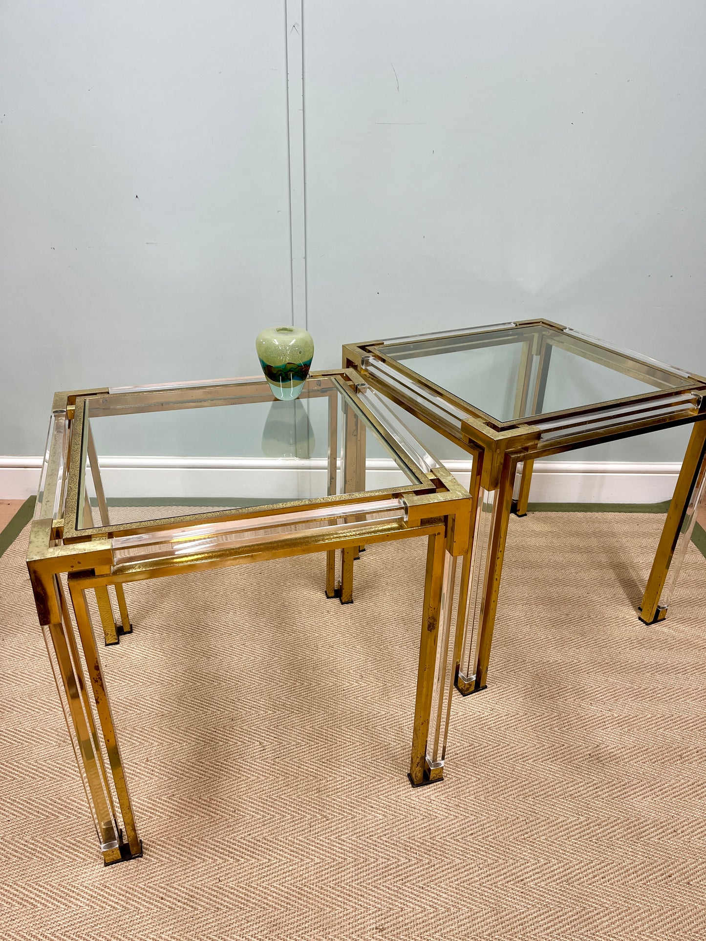 1970s glass, brass and Perspex tables