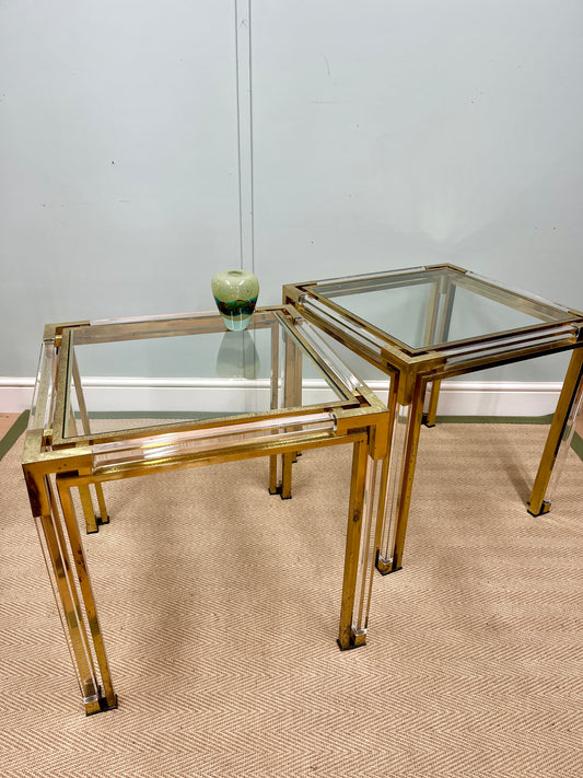 1970s glass, brass and Perspex tables