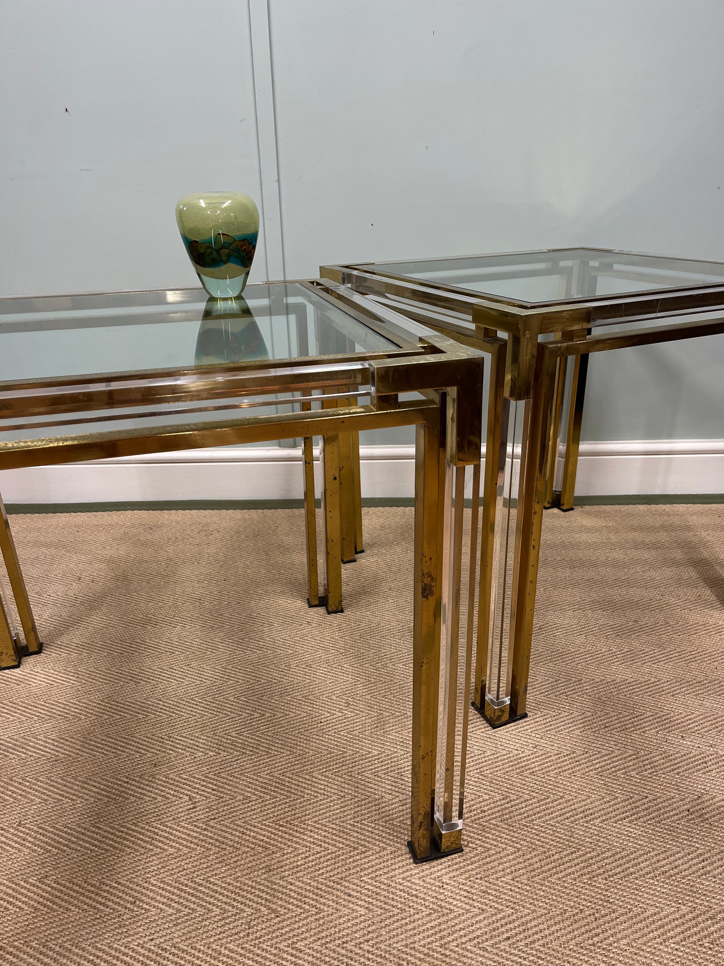 1970s glass, brass and Perspex tables