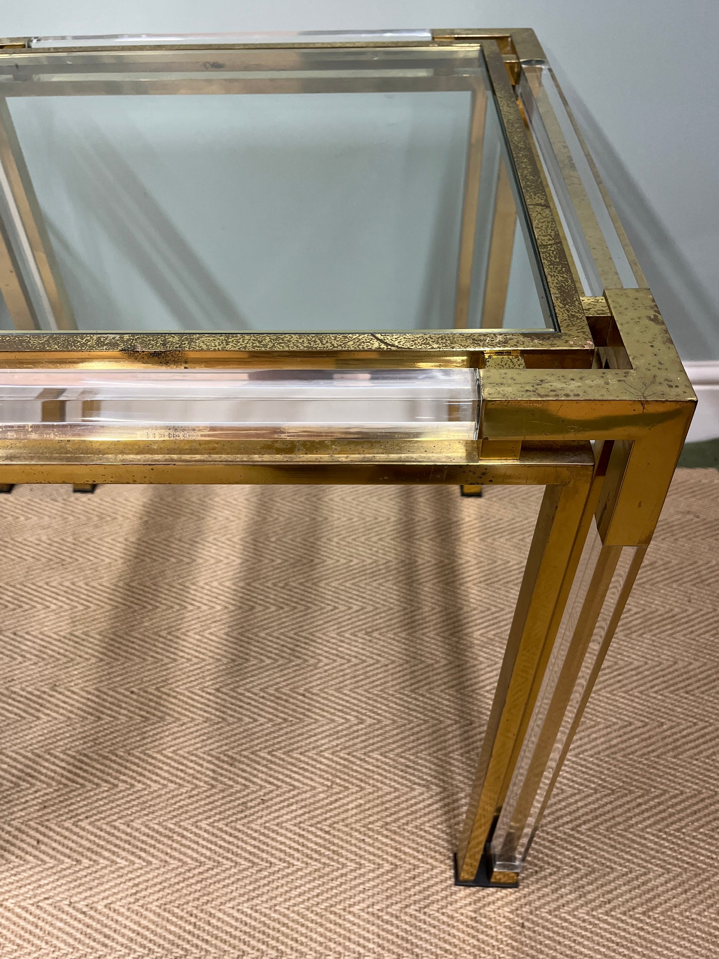1970s glass, brass and Perspex tables