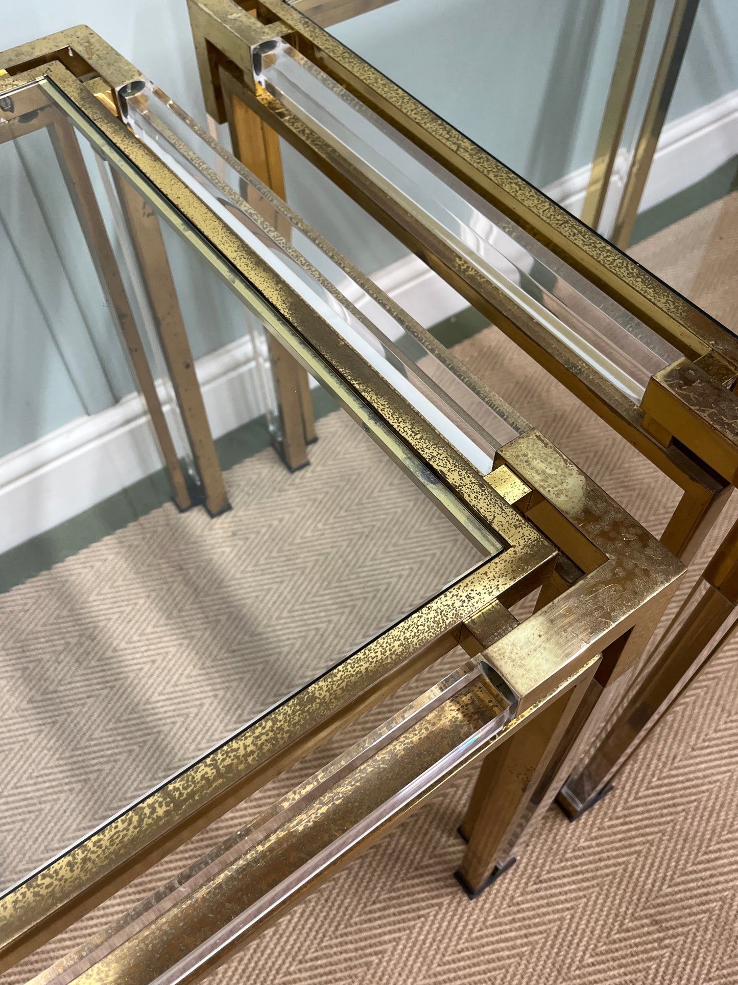 1970s glass, brass and Perspex tables