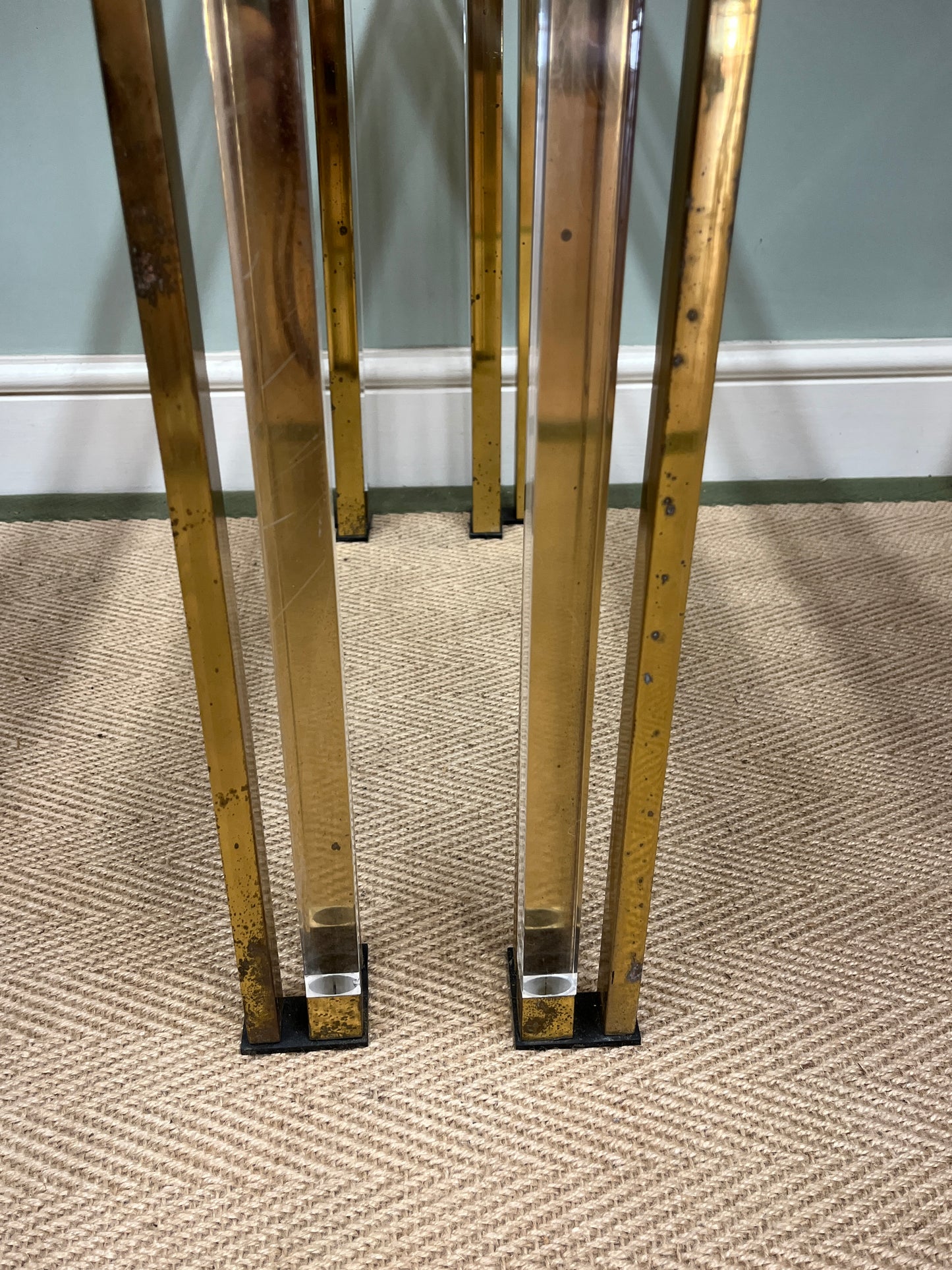 1970s glass, brass and Perspex tables