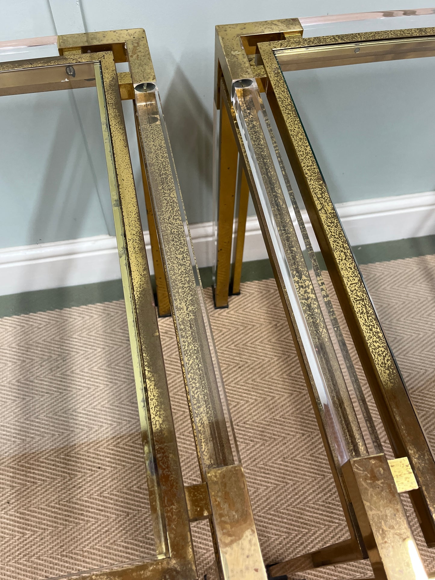 1970s glass, brass and Perspex tables