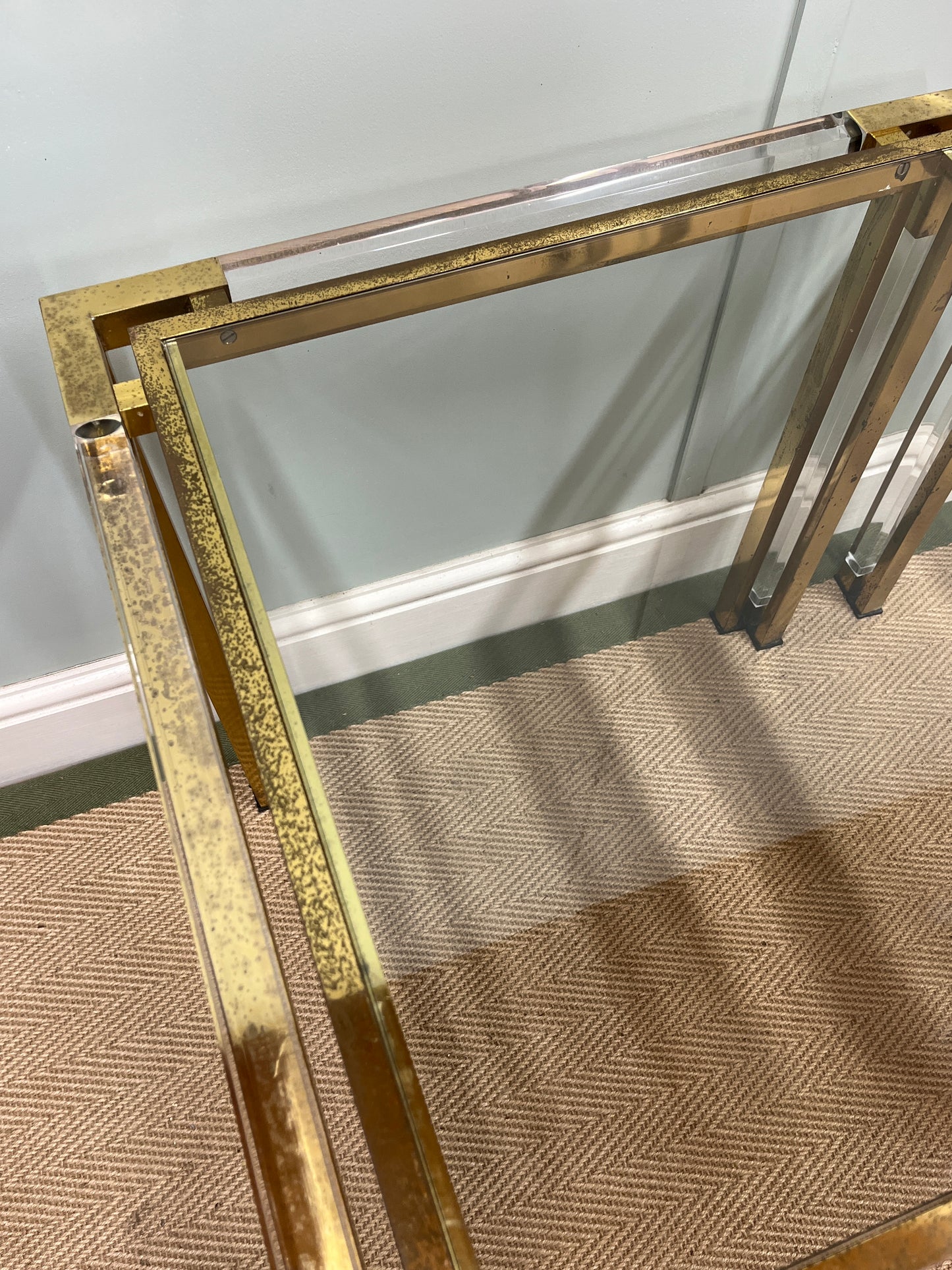 1970s glass, brass and Perspex tables