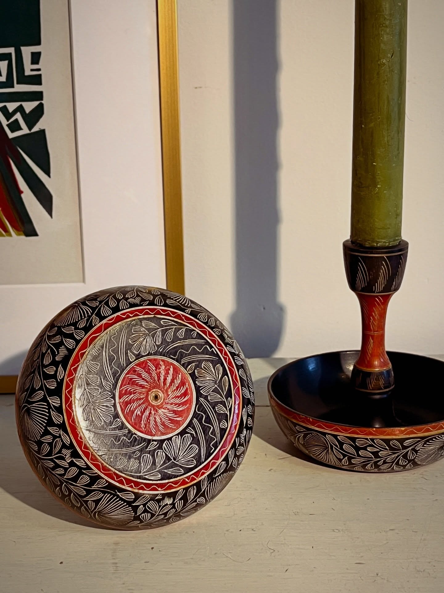20th century pair of Burmese carved lacquered candlesticks.  image 1